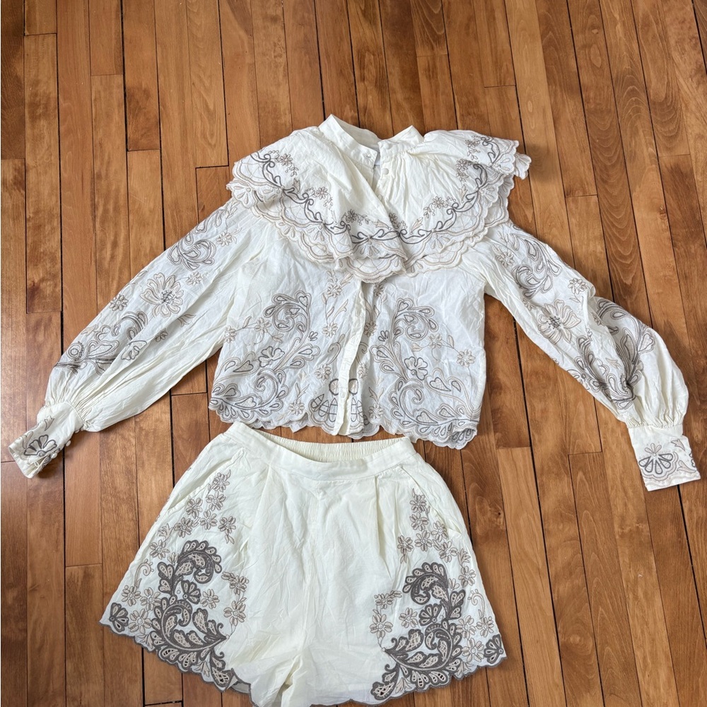 ASOS White and Gray Embroidered Blouse and Shorts Set